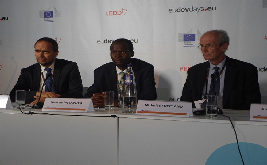 Mr Nations Msowoya (C) Head of NAO Support Unit and EU Ambassador to Malawi Marchel Gerrmann (L) during 2017 European Development Days (EDD). TCF supports participation in many international conferences including EDD Mr Nations Msowoya (C) Head of NAO Support Unit and EU Ambassador to Malawi Marchel Gerrmann (L) during 2017 European Development Days (EDD). TCF supports participation in many international conferences including EDD